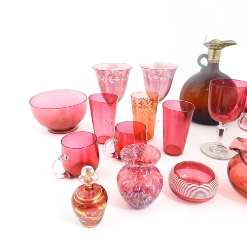 212 - A quantity of Victorian and later assorted glassware to include cranberry glass beakers, drinking gl... 