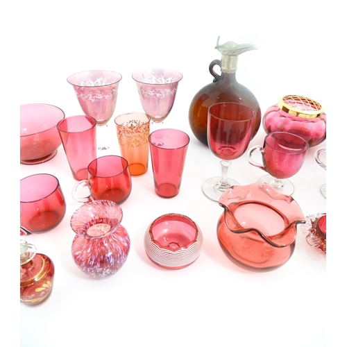 212 - A quantity of Victorian and later assorted glassware to include cranberry glass beakers, drinking gl... 