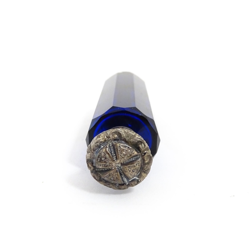 219 - A glass scent / perfume bottle with blue flash cut decoration. Together with a Bristol blue coloured... 