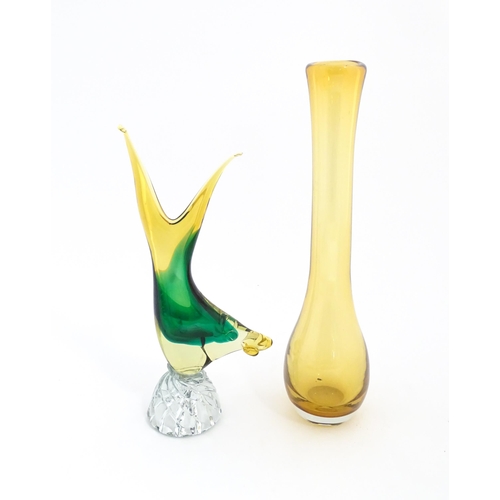 228 - A Murano style glass vase modelled as a fish. Together with a studio glass vase of elongated form. V... 