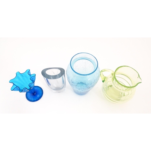 230 - Four items of 20thC glassware to include a Uranium jug, a blue ice glass vase, a Swedish vase by Str... 