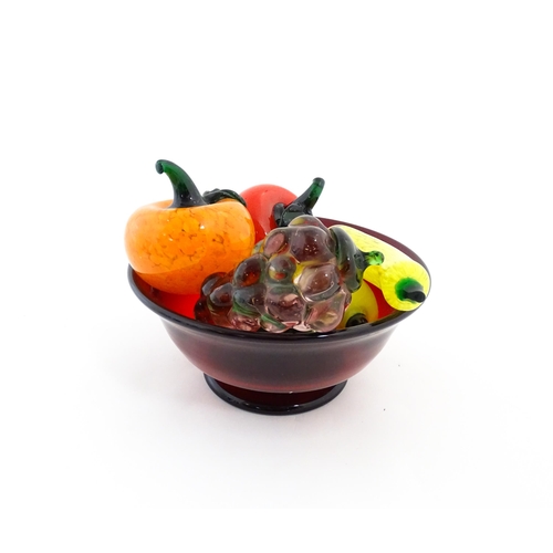 237 - A quantity of assorted glass model fruits. Together with a centrepiece fruit bowl. Centrepiece appro... 