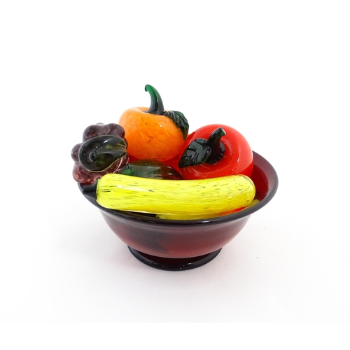 237 - A quantity of assorted glass model fruits. Together with a centrepiece fruit bowl. Centrepiece appro... 