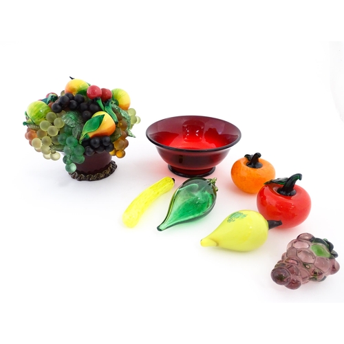 237 - A quantity of assorted glass model fruits. Together with a centrepiece fruit bowl. Centrepiece appro... 