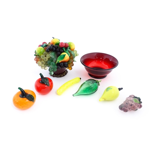 237 - A quantity of assorted glass model fruits. Together with a centrepiece fruit bowl. Centrepiece appro... 