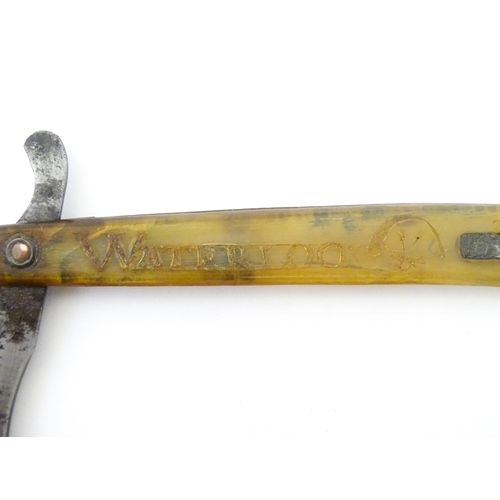 922 - Militaria : a 19thC straight razor, the horn handle inscribed 'Adam Chalmers Lt Inft 79th' and 'Wate... 