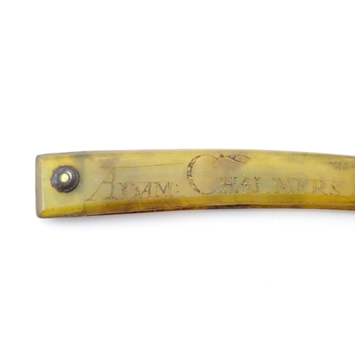 922 - Militaria : a 19thC straight razor, the horn handle inscribed 'Adam Chalmers Lt Inft 79th' and 'Wate... 