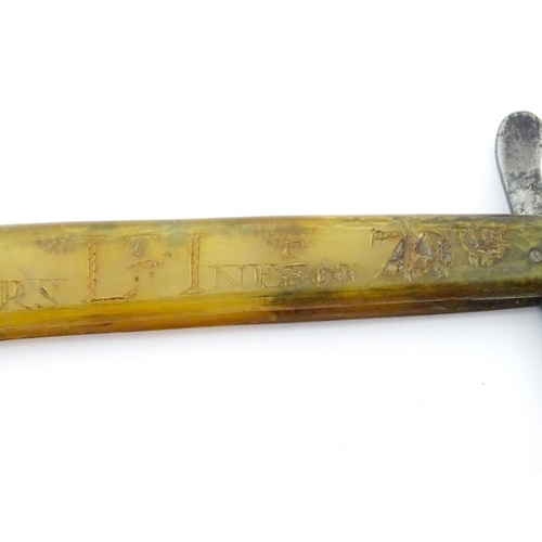 922 - Militaria : a 19thC straight razor, the horn handle inscribed 'Adam Chalmers Lt Inft 79th' and 'Wate... 