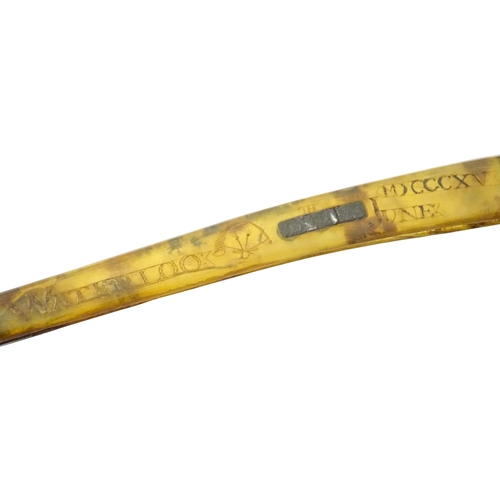 922 - Militaria : a 19thC straight razor, the horn handle inscribed 'Adam Chalmers Lt Inft 79th' and 'Wate... 