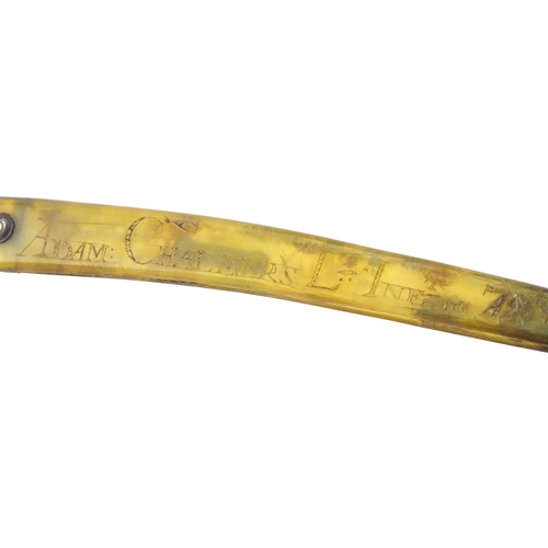 922 - Militaria : a 19thC straight razor, the horn handle inscribed 'Adam Chalmers Lt Inft 79th' and 'Wate... 