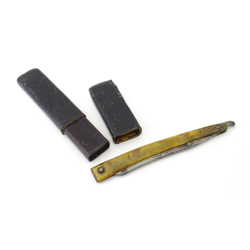 922 - Militaria : a 19thC straight razor, the horn handle inscribed 'Adam Chalmers Lt Inft 79th' and 'Wate... 