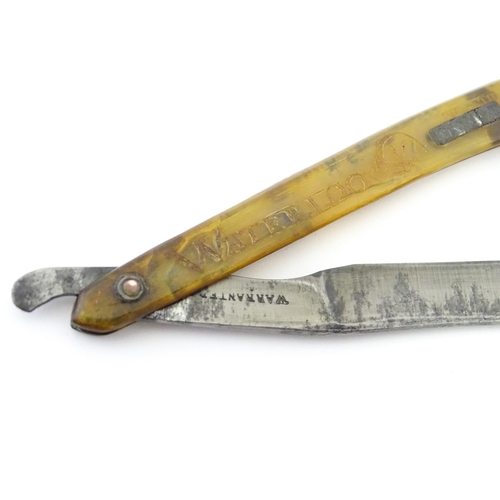 922 - Militaria : a 19thC straight razor, the horn handle inscribed 'Adam Chalmers Lt Inft 79th' and 'Wate... 