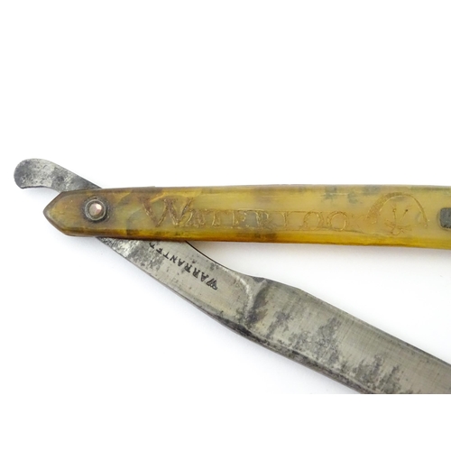 922 - Militaria : a 19thC straight razor, the horn handle inscribed 'Adam Chalmers Lt Inft 79th' and 'Wate... 