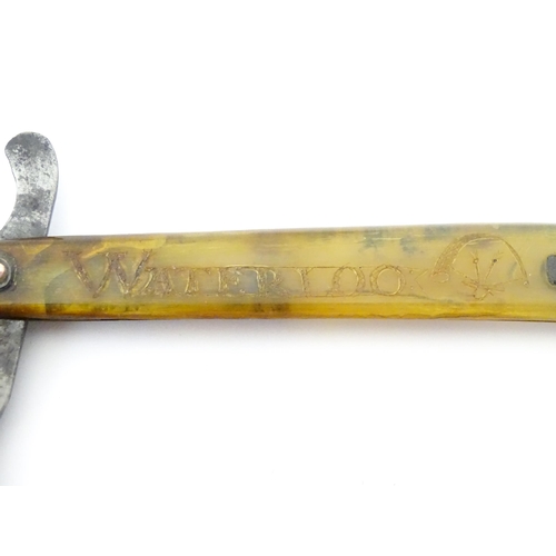 922 - Militaria : a 19thC straight razor, the horn handle inscribed 'Adam Chalmers Lt Inft 79th' and 'Wate... 