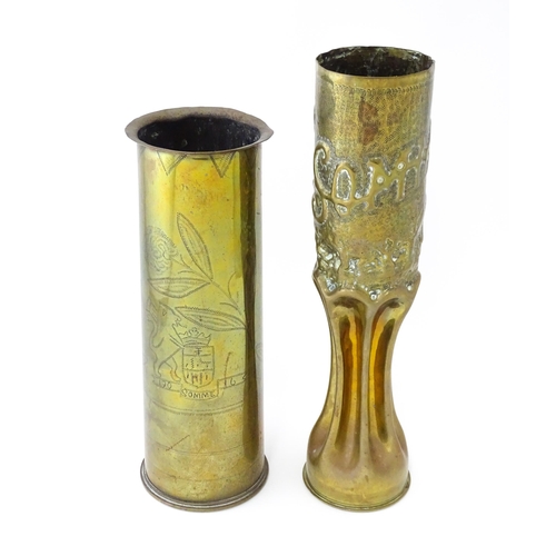 926 - Militaria , WWI / World War 1 / WW1 / First World War : two Trenchart shell cases formed as vases, c... 