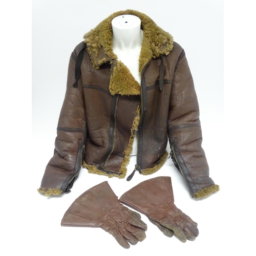 939 - Militaria , WWII / World War 2 / WW2 / Second World War : a c1940s sheepskin-lined brown leather fly... 