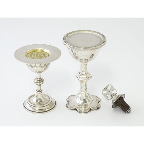 347 - Ecclesiastical Travelling communion wares to include white metal and silver plate chalice and paten ... 