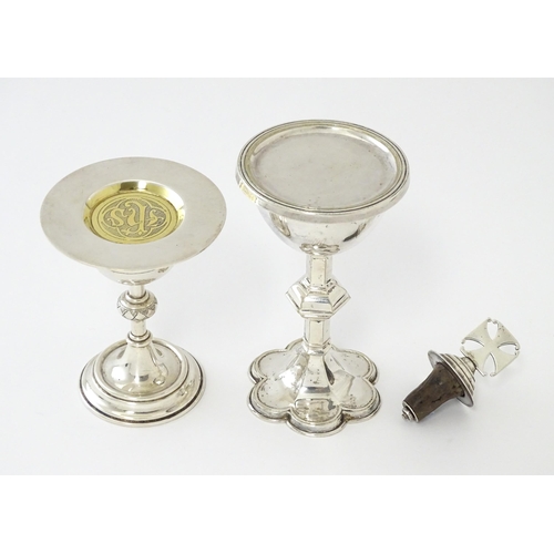 347 - Ecclesiastical Travelling communion wares to include white metal and silver plate chalice and paten ... 