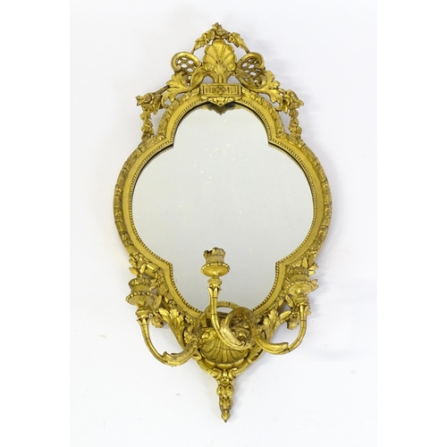 1501 - A pair of 19thC giltwood and gesso girandoles with shell motifs, lattice pattern mouldings, fluted d... 