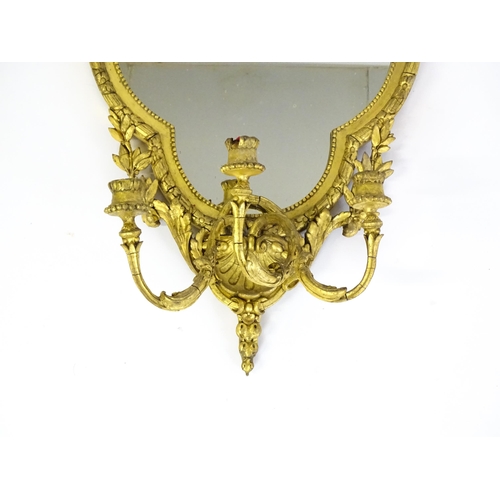 1501 - A pair of 19thC giltwood and gesso girandoles with shell motifs, lattice pattern mouldings, fluted d... 