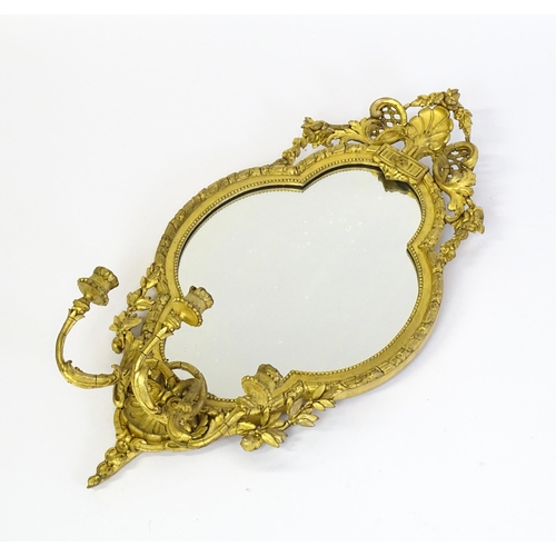 1501 - A pair of 19thC giltwood and gesso girandoles with shell motifs, lattice pattern mouldings, fluted d... 