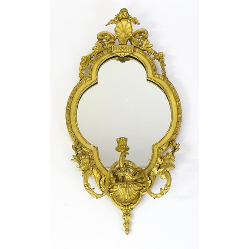 1501 - A pair of 19thC giltwood and gesso girandoles with shell motifs, lattice pattern mouldings, fluted d... 