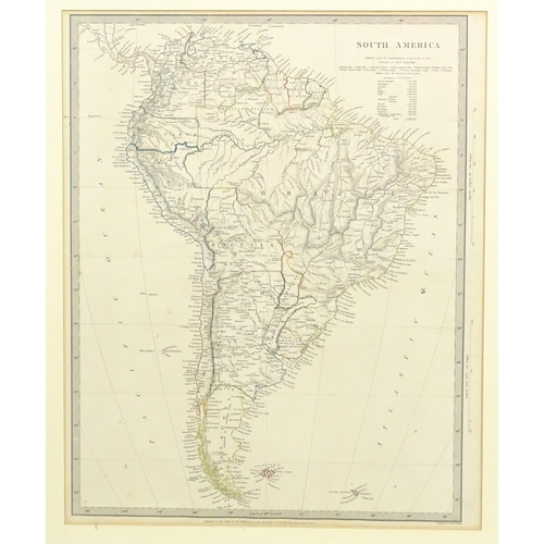 2106 - Map: A 19thC engraved and hand coloured map of South America. Published by the Society for the Diffu... 