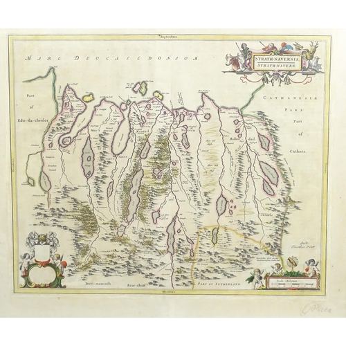 2108 - Map: A 17thC engraved and hand coloured map of Scotland titled Strath-Navernia / Strath Navern after... 