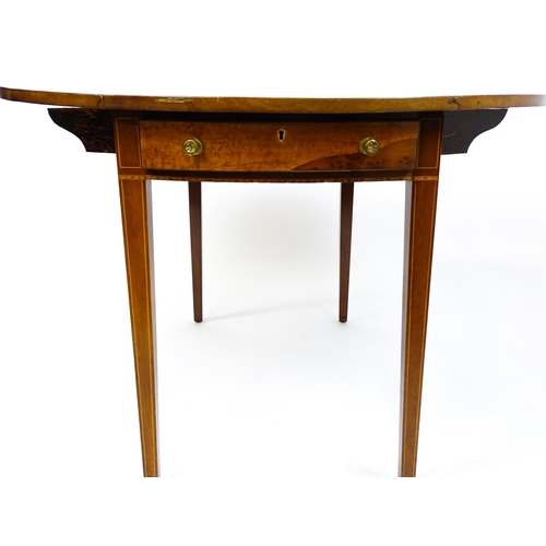 1494 - A late Georgian mahogany and satinwood Pembroke table with two demi lune drop leaves flanking a sing... 