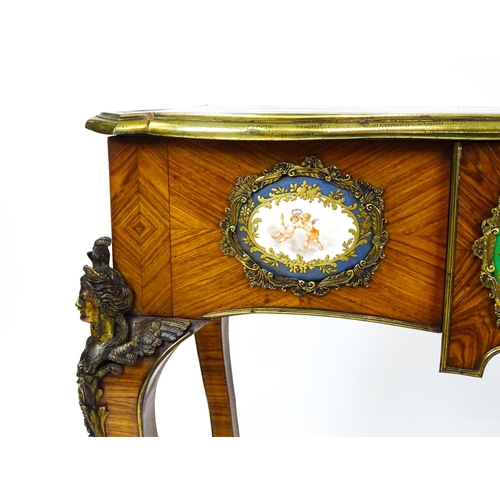 1505 - A mid 19thC kingwood side table with a brass moulding to the top edge and three Sevres style plaques... 