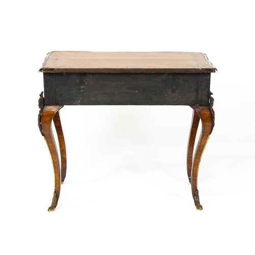 1505 - A mid 19thC kingwood side table with a brass moulding to the top edge and three Sevres style plaques... 