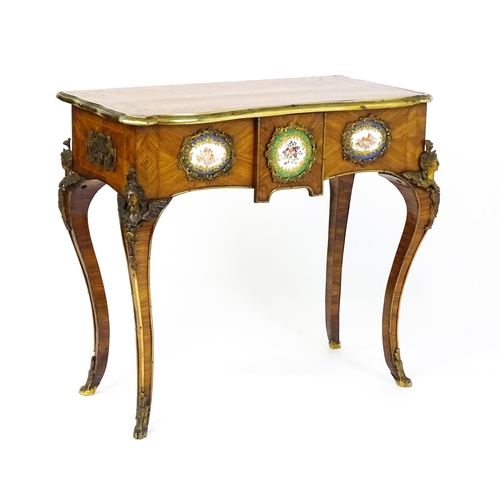 1505 - A mid 19thC kingwood side table with a brass moulding to the top edge and three Sevres style plaques... 