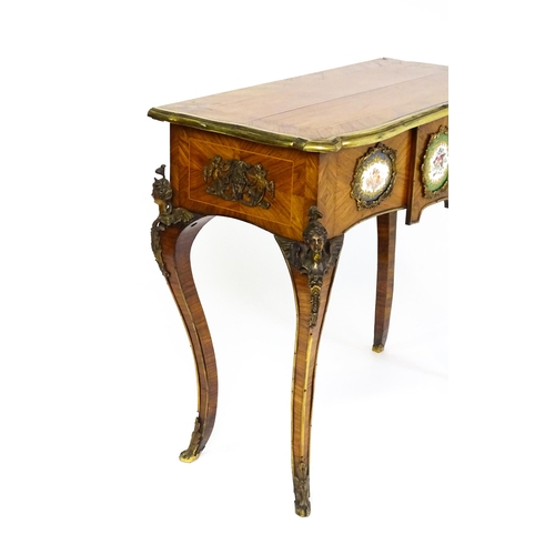 1505 - A mid 19thC kingwood side table with a brass moulding to the top edge and three Sevres style plaques... 