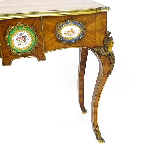 1505 - A mid 19thC kingwood side table with a brass moulding to the top edge and three Sevres style plaques... 