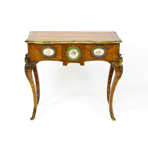 1505 - A mid 19thC kingwood side table with a brass moulding to the top edge and three Sevres style plaques... 