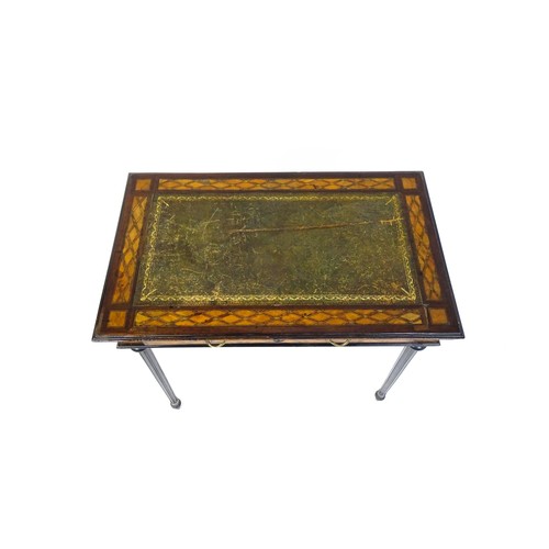 1513 - A 19thC side table with a satinwood inlaid top enclosing a gold tooled green leather top above a sin... 