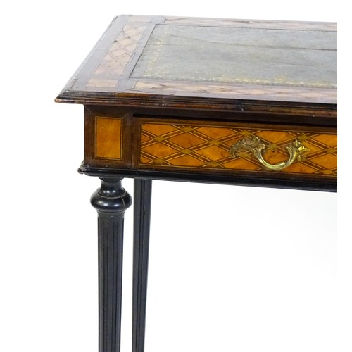 1513 - A 19thC side table with a satinwood inlaid top enclosing a gold tooled green leather top above a sin... 