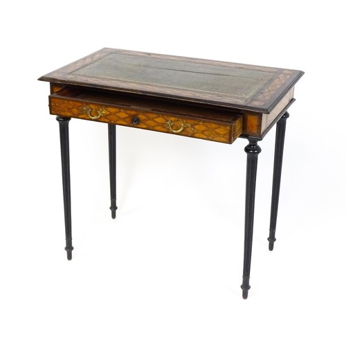 1513 - A 19thC side table with a satinwood inlaid top enclosing a gold tooled green leather top above a sin... 