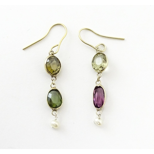 741 - Gilt metal drop earrings set with coloured tourmalines. Approx 1 1/4