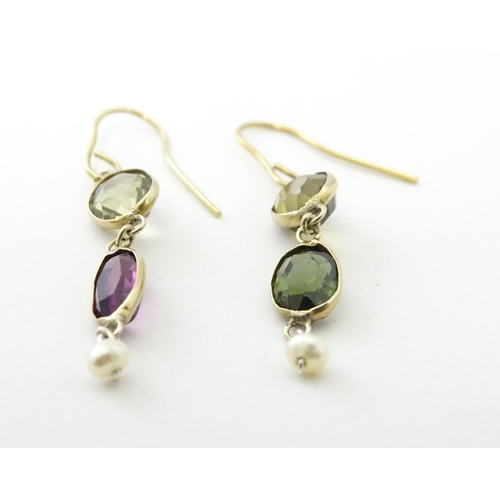 741 - Gilt metal drop earrings set with coloured tourmalines. Approx 1 1/4