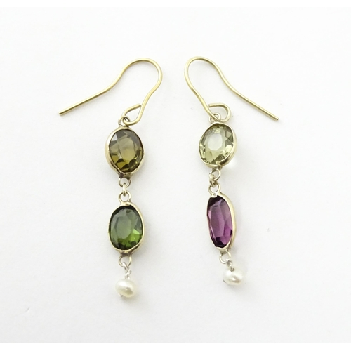 741 - Gilt metal drop earrings set with coloured tourmalines. Approx 1 1/4