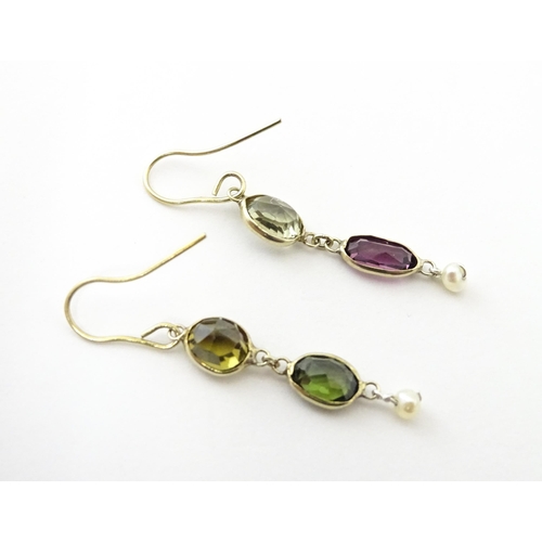 741 - Gilt metal drop earrings set with coloured tourmalines. Approx 1 1/4