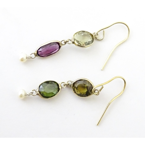 741 - Gilt metal drop earrings set with coloured tourmalines. Approx 1 1/4