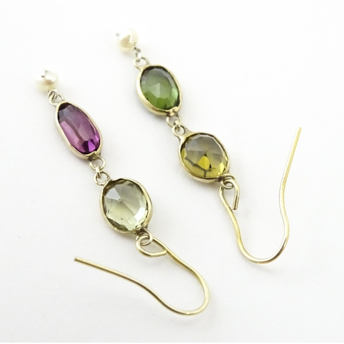 741 - Gilt metal drop earrings set with coloured tourmalines. Approx 1 1/4