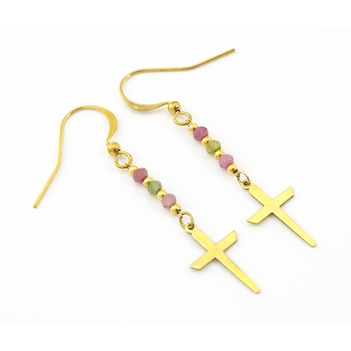 756 - A pair of yellow metal drop earring with cross detail and coloured stones. Approx 2