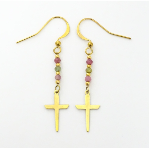 756 - A pair of yellow metal drop earring with cross detail and coloured stones. Approx 2