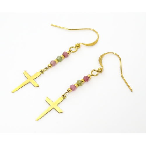 756 - A pair of yellow metal drop earring with cross detail and coloured stones. Approx 2