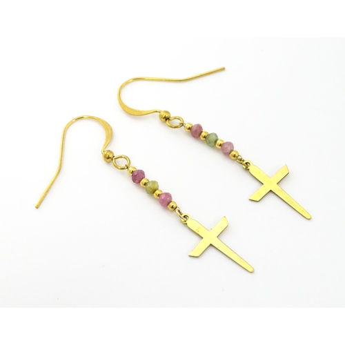 756 - A pair of yellow metal drop earring with cross detail and coloured stones. Approx 2