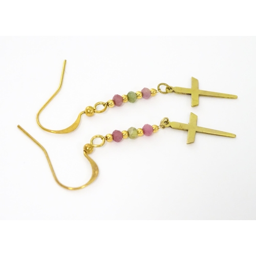 756 - A pair of yellow metal drop earring with cross detail and coloured stones. Approx 2