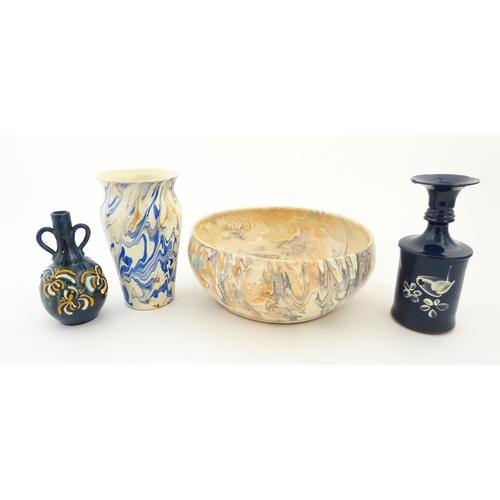 104 - Four Somerset studio pottery wares by Martin Pettinger comprising an agate ware vase and bowl, a twi... 